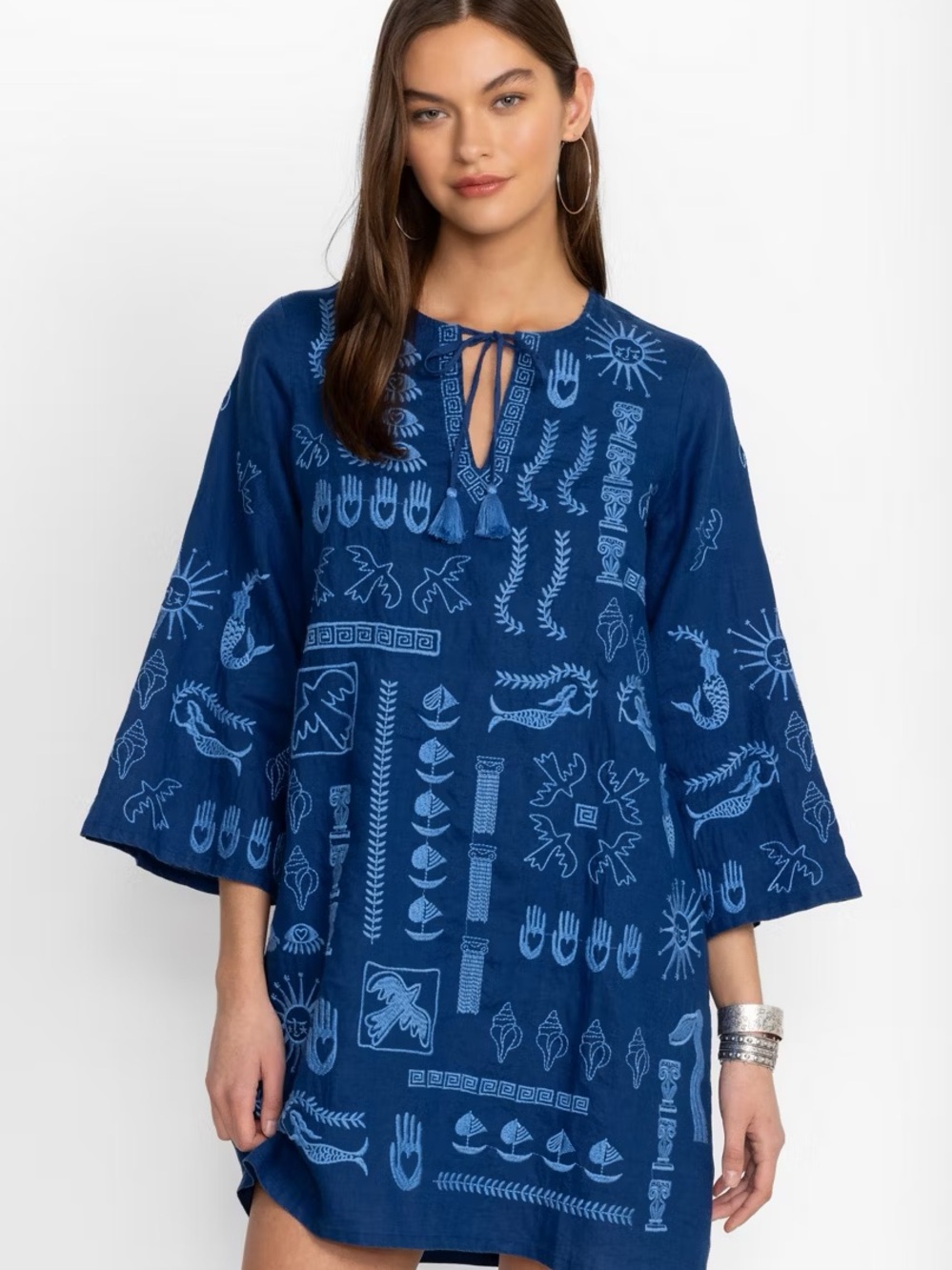 Johnny Was Acantha Kimono Sleeve Relaxed Dress with Light Blue Embroidery